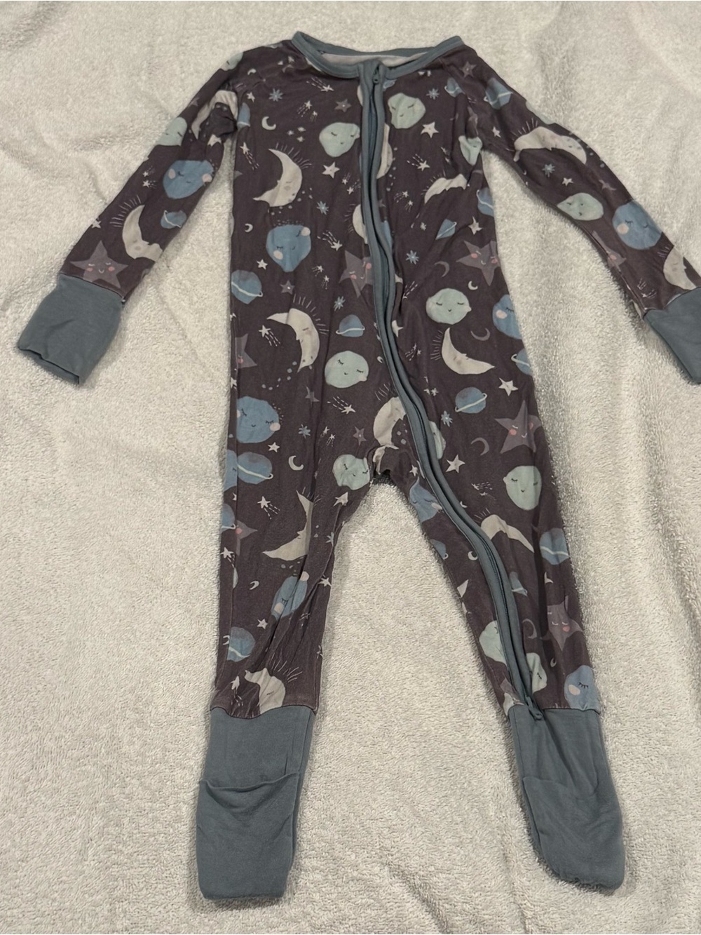 Little Sleepies Moon Planet Footed Sleepers Pajamas Gray and Blue Bamboo 12-18m